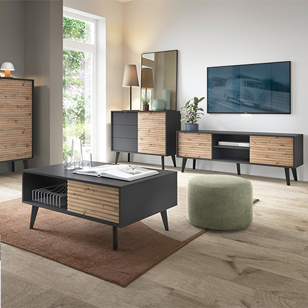 Cole&ccedil;&atilde;o de Mobili&aacute;rio de Sala em Preto com Ripas em Carvalho