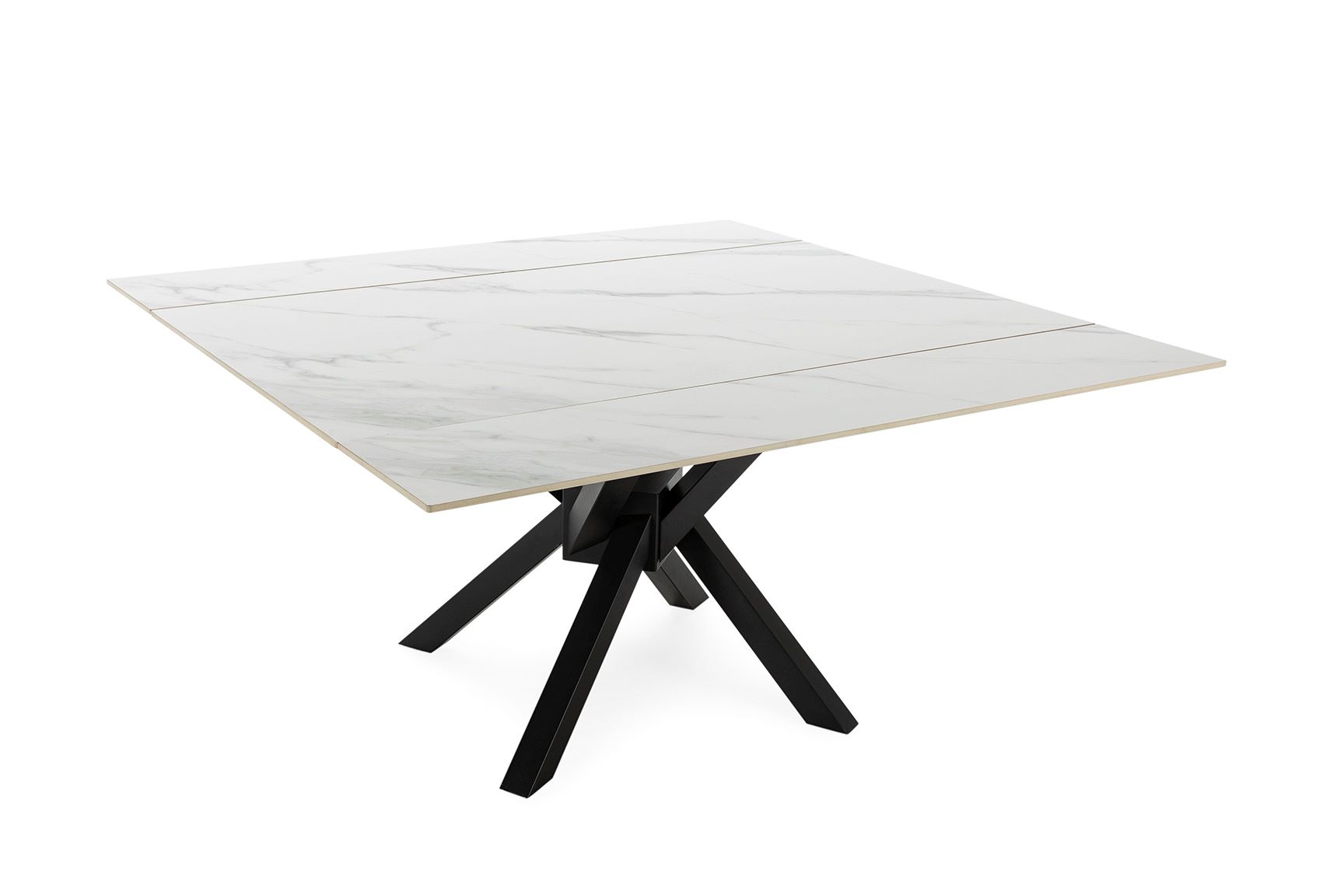 Mesa Quadrada Extensível | Arlene Mesa de jantar quadrada com tampo branco e base metálica preta
