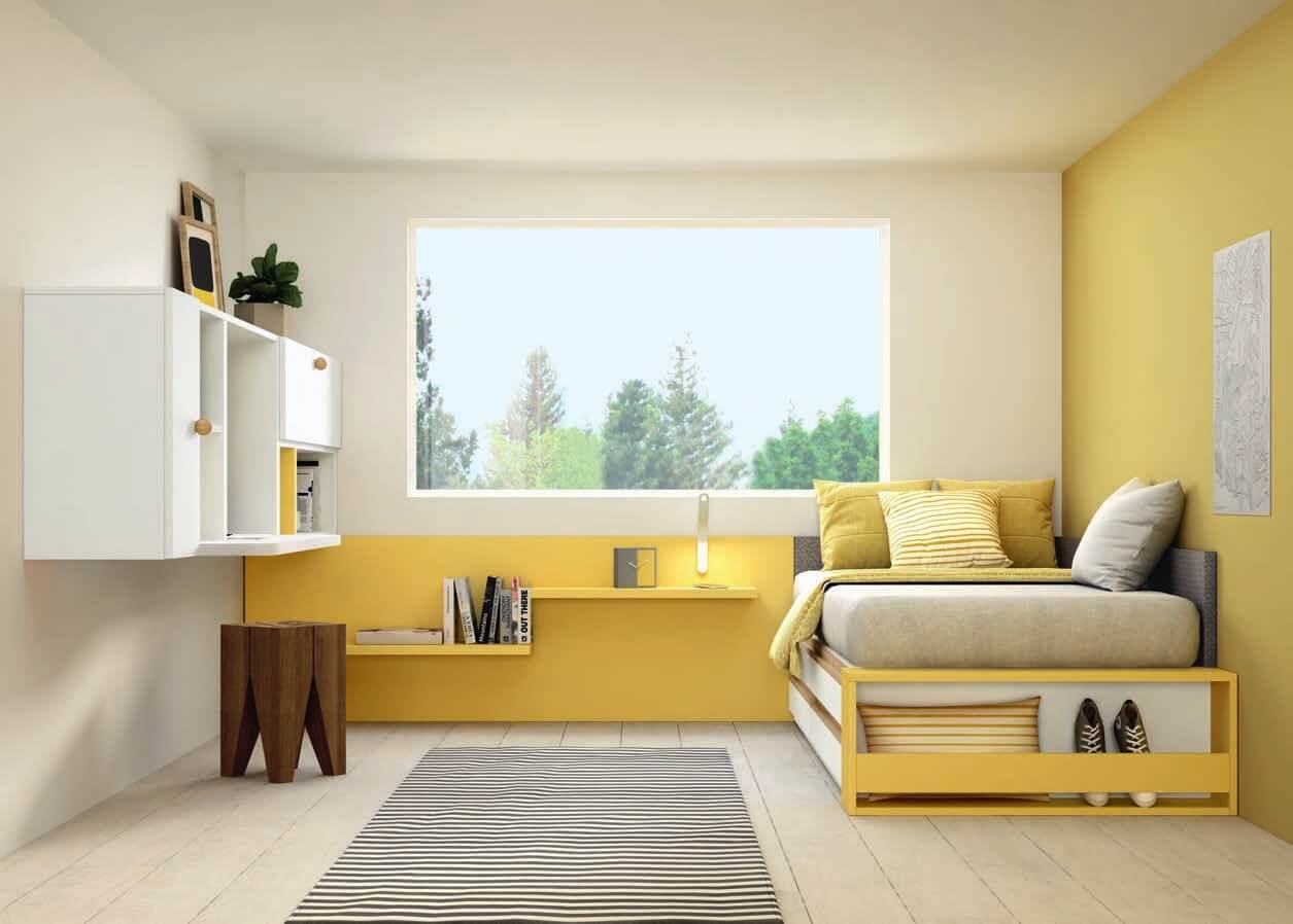Quarto Juvenil Completo Antaix | Stay 17 quarto com cama amarela, estante branca e parede amarela