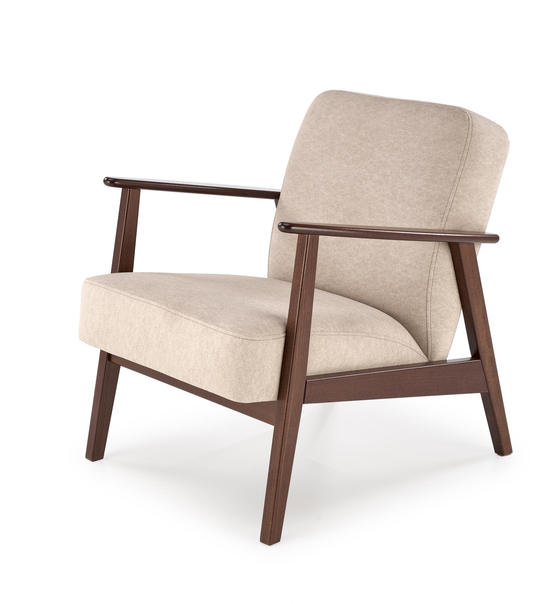 Cadeirão Belga 1 Lugar | Dark Walnut Beje Poltrona estofada bege com estrutura de madeira castanha escura