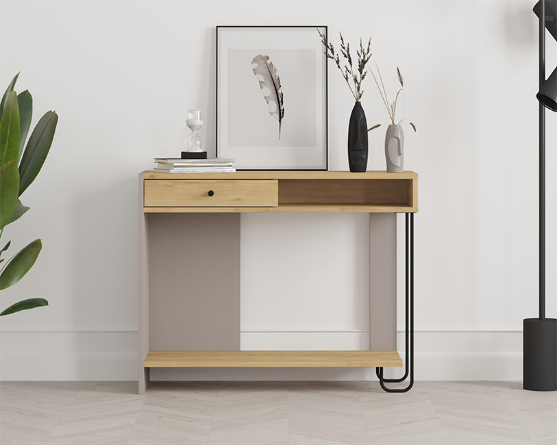 Consola de Madeira Creme com Gaveta e Pernas Met&aacute;licas