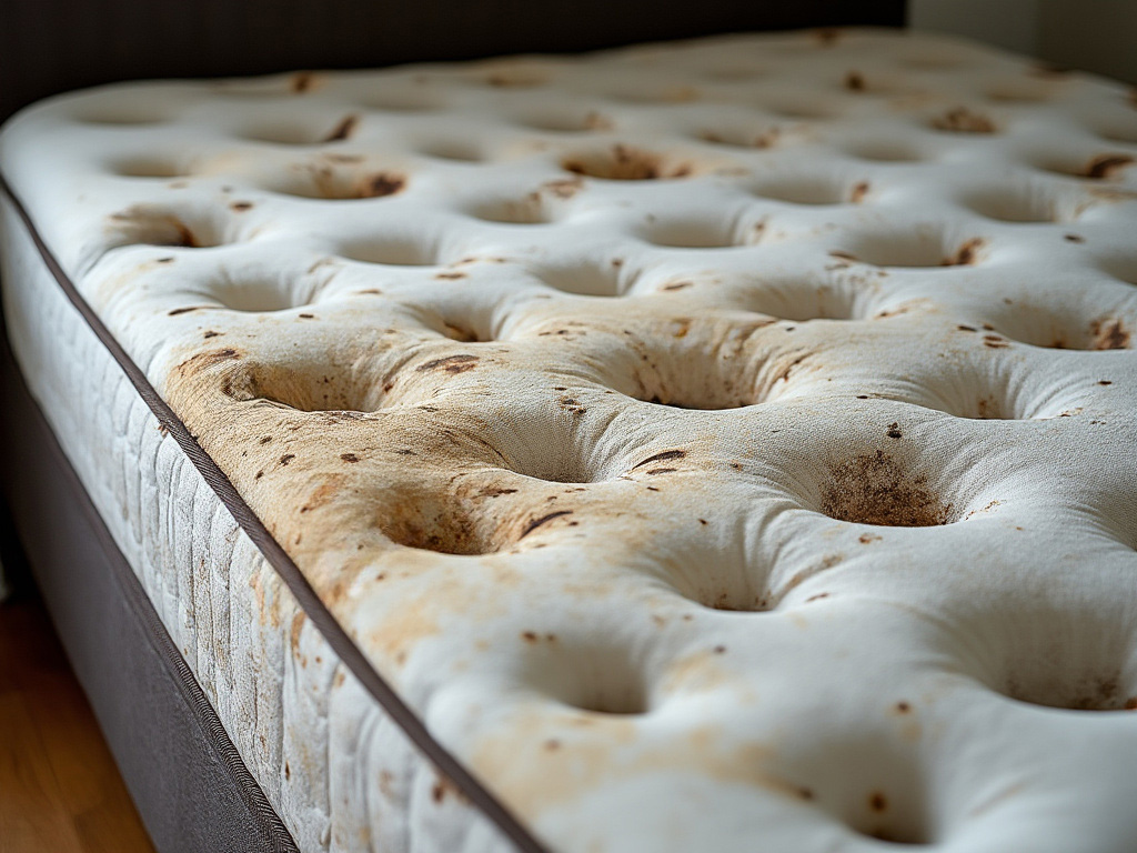 Colchão branco manchado com textura almofadada, bordas castanhas e base castanha