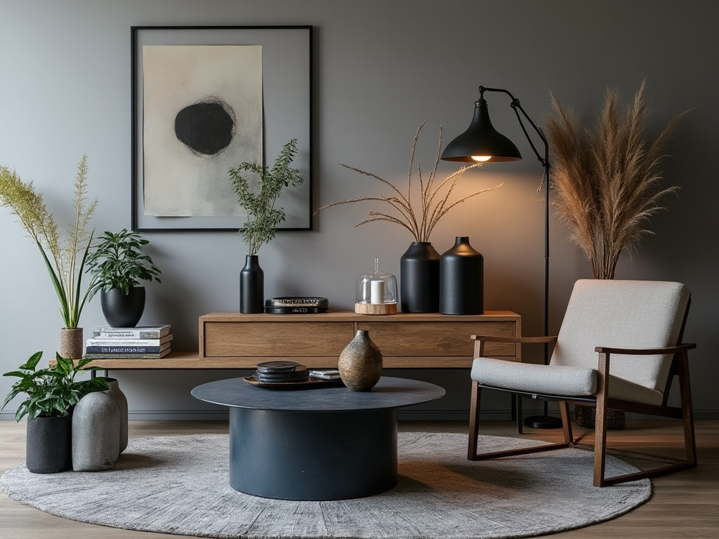 Sala de estar moderna com móveis e decoração em tons neutros e madeira clara.