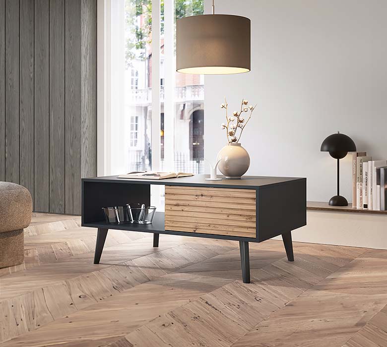 Mesa de Centro Preto com Ripas em Carvalho