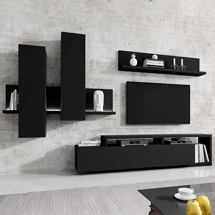 Sala Completa Moderna em Preto Mate Bota Conjunto de móveis de parede preto para sala de estar com televisão e decoração