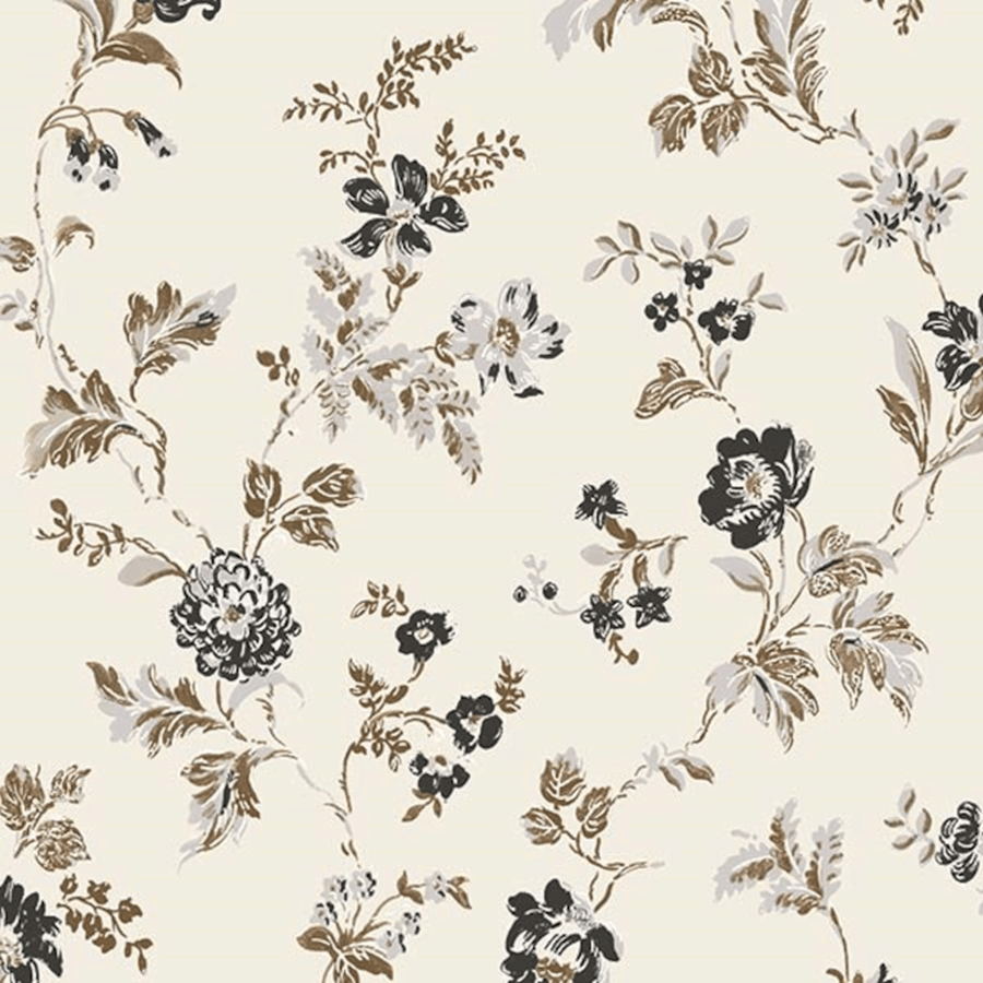 Papel de Parede Romance Fiona Wall Design | 600313 Padrão floral bege com flores e folhas em preto, castanho e cinza