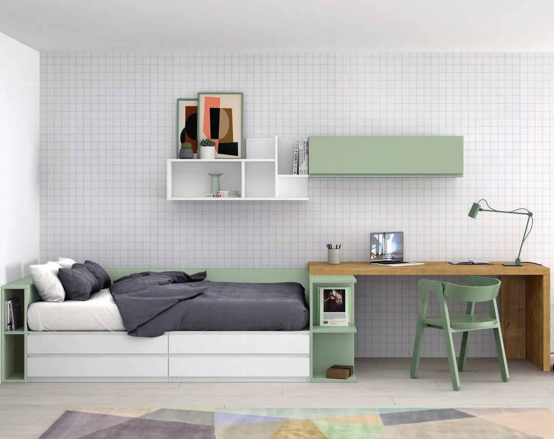 Quarto Juvenil Completo Antaix | Stay 16 Quarto com cama de solteiro branca com gavetas e cabeceira verde clara, secretária e cadeira verde