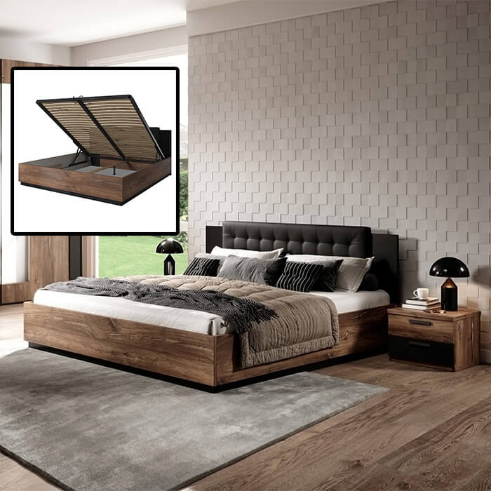 Quarto Completo Cama 180x200 Carvalho e Preto Cama moderna de madeira com cabeceira estofada e roupa de cama neutra