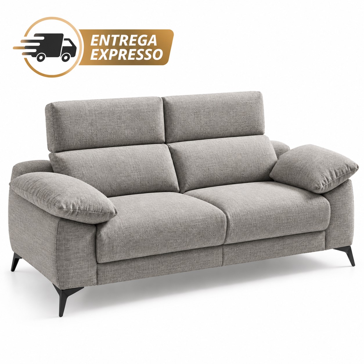 Sofá Cama Divano Dreams | Andrea Expresso Sofá cinza claro acolchoado com pernas pretas e símbolo de entrega expresso