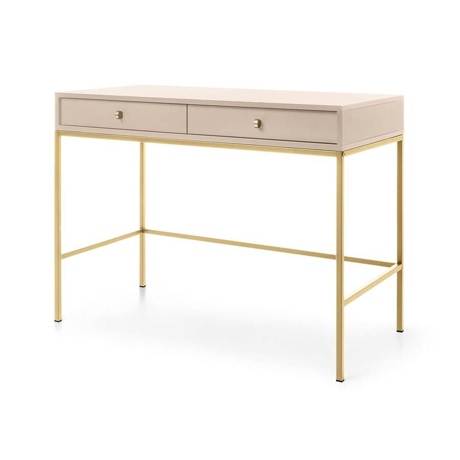 Consola Bege com Pernas em Dourado Mono Secretária bege com estrutura metálica dourada e dois gavetões.