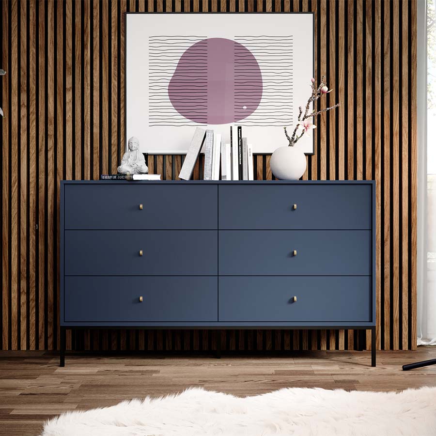 Aparador com 6 Gavetas Azul Navi com Pernas em Preto