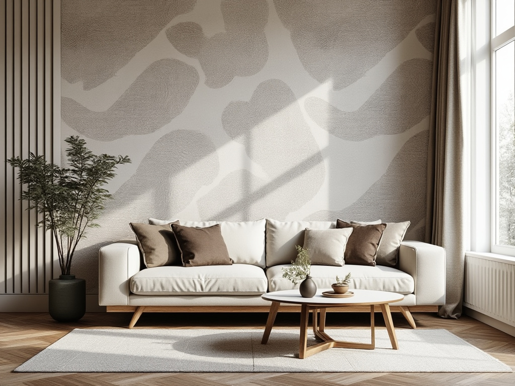 Sofá branco com almofadas castanhas, mesa de centro em madeira, planta em vaso preto e parede decorativa cinzenta.