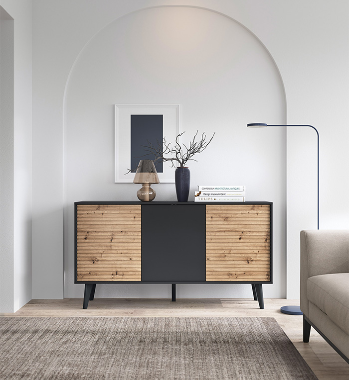 Aparador Largo em Carvalho com Ripas e Preto