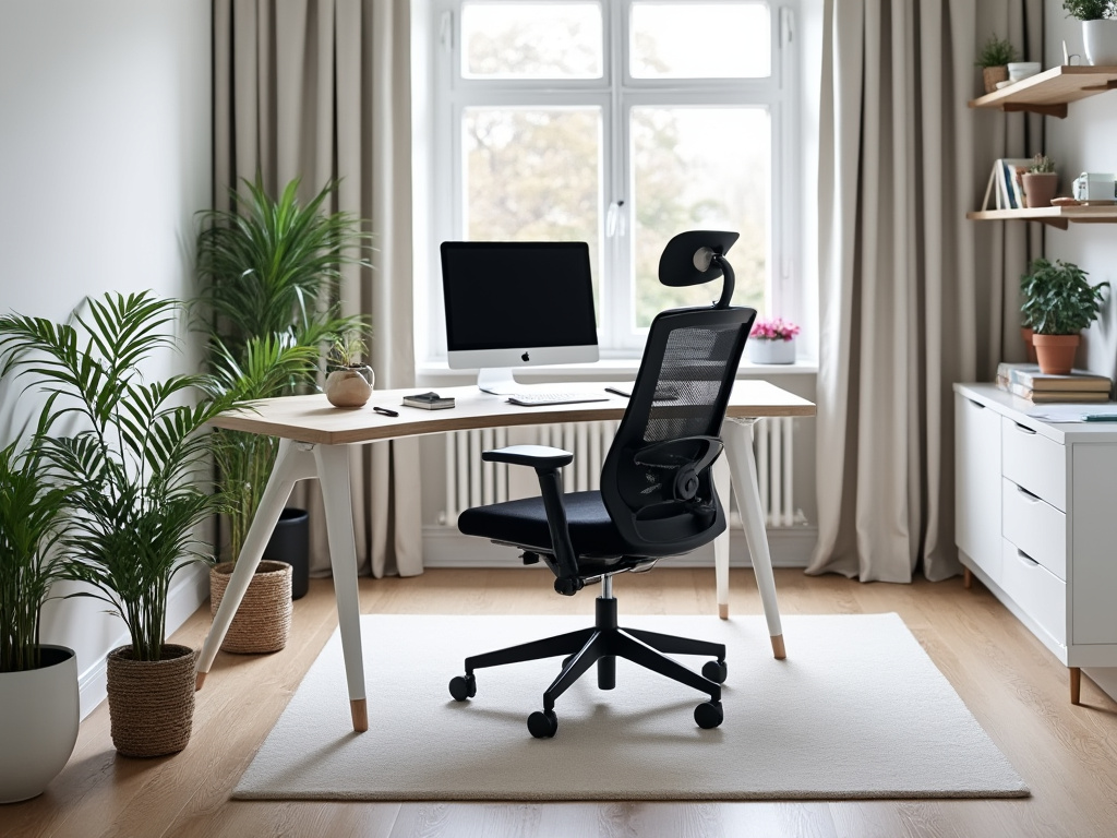 Escritório em casa com secretária branca, cadeira preta e plantas verdes