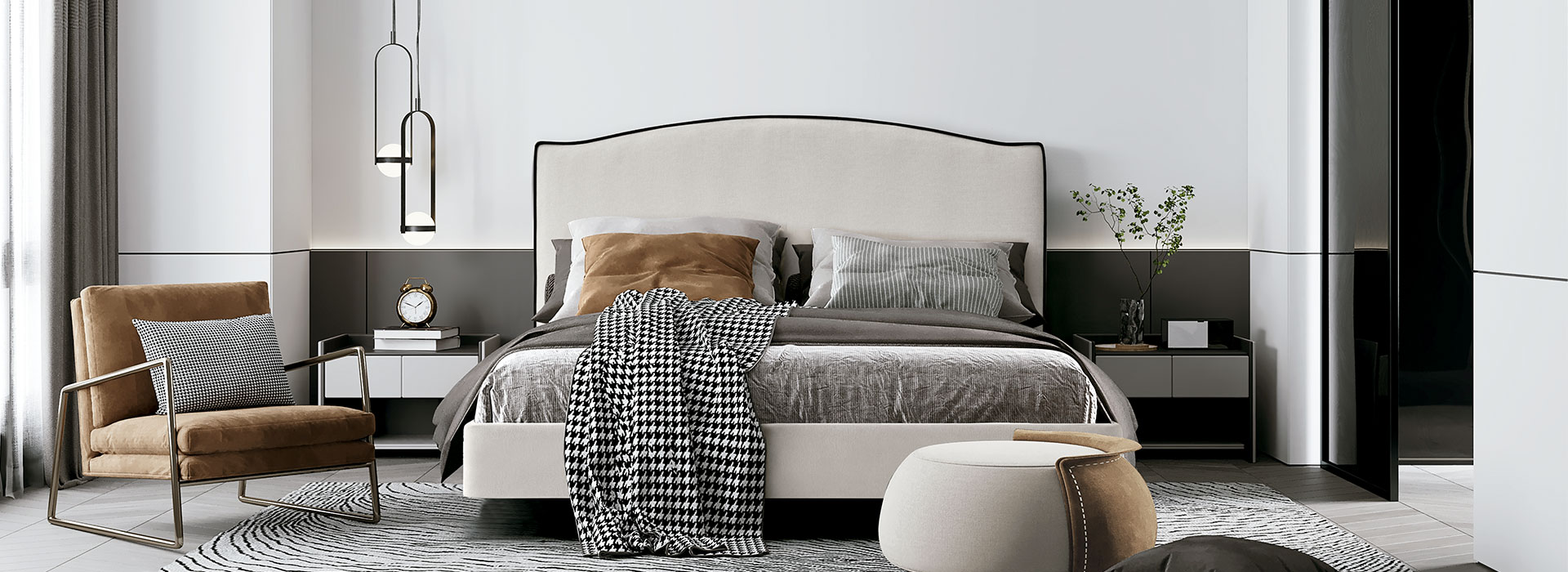 Cabeceira de Cama Estofada Cerdeña Quarto moderno com cama estofada bege, mesas de cabeceira pretas, poltrona castanha e decoração minimalista