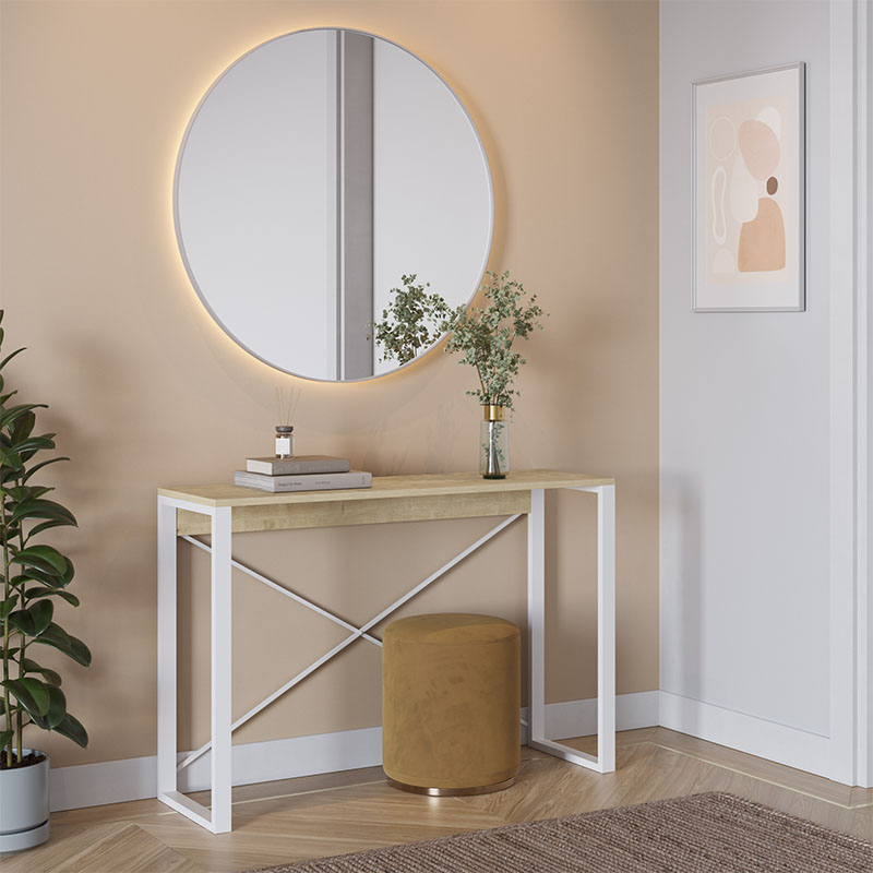 Consola de Metal e Madeira em Branco e Carvalho