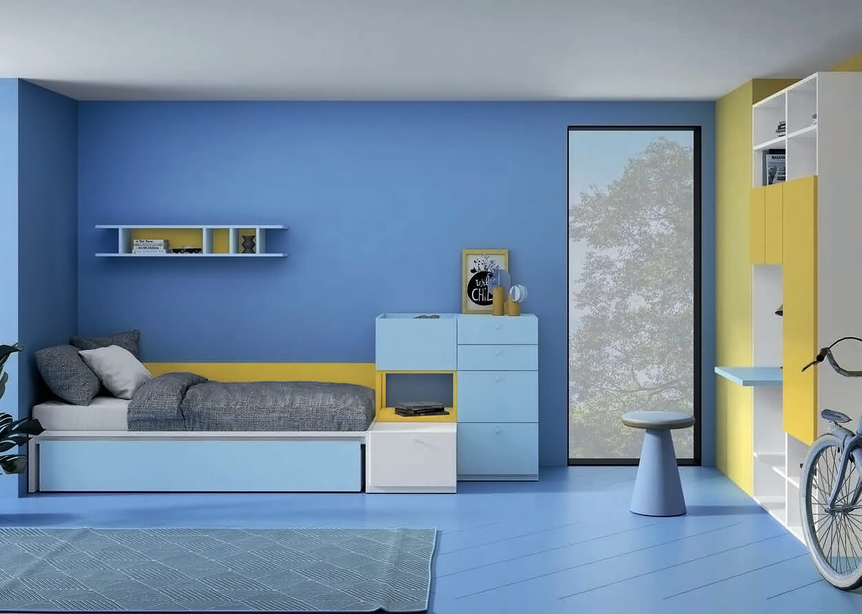 Quarto Juvenil Completo Antaix | Stay 06 Quarto moderno com cama, cómoda, estantes e armários coloridos
