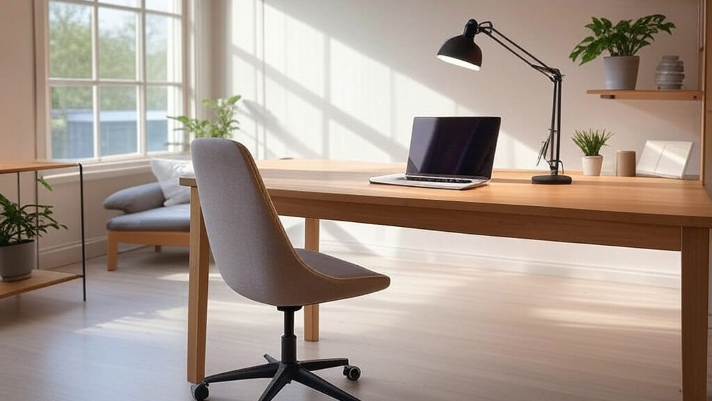 Escritório moderno com secretária de madeira clara, cadeira de escritório cinza, computador portátil e plantas.