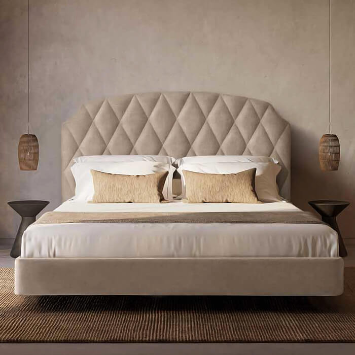 Cabeceira de Cama Estofada Zurich Cama moderna com cabeceira acolchoada bege e roupa de cama neutra