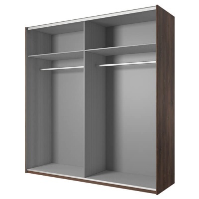 Roupeiro em madeira carvalho escuro com interior cinza, duas barras para pendurar roupas e prateleiras superiores.