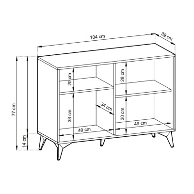 Móvel branco com prateleiras e medidas em centímetros