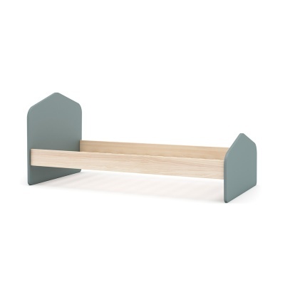 Cama de solteiro de madeira com cabeceiras verdes foscas em forma de casa