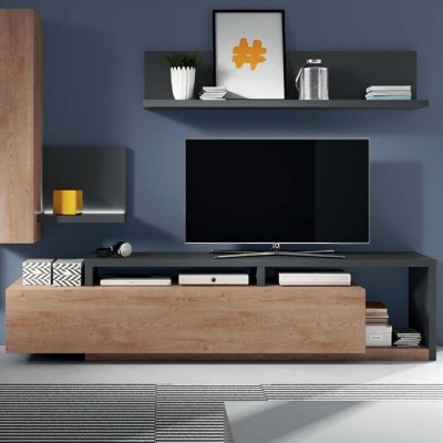 Móvel de televisão moderno em madeira clara e cinzento escuro com prateleira suspensa