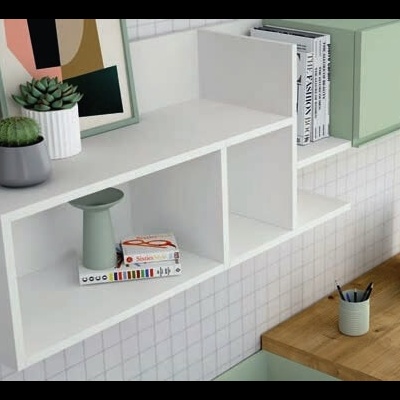 Estante branca com plantas, livros e espaço de trabalho com portátil e canetas