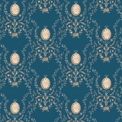 Papel de parede azul com relógios dourados e arabescos florais.