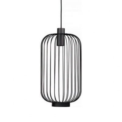 Candeeiro de teto preto em metal com barras verticais e formato cilíndrico