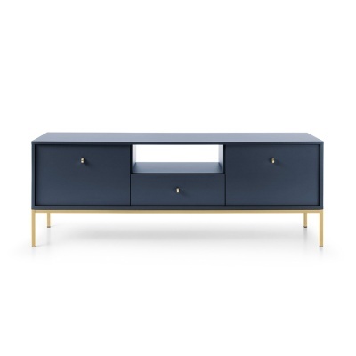Móvel de TV azul escuro com pernas metálicas douradas e gavetas
