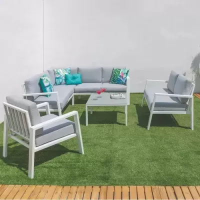 Conjunto de mobiliário de jardim com sofá em L e poltronas, mesa e almofadas cinza e verdes