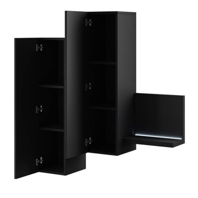 Conjunto de móveis de parede pretos com portas e prateleira iluminada em LED azul