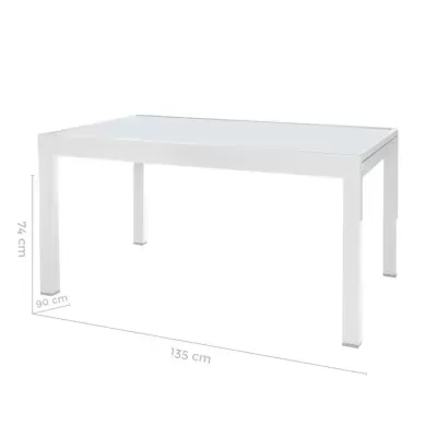 Mesa retangular branca para exterior com tampo liso e pernas quadradas