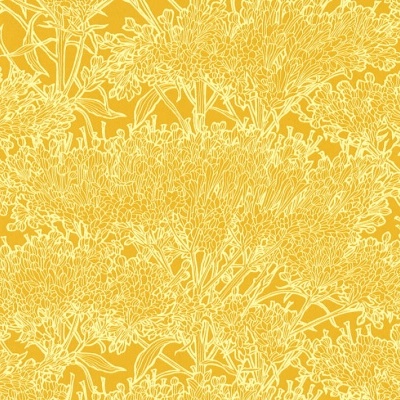 Padrão amarelo com linhas brancas de plantas e flores estilizadas