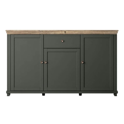 Móvel de arrumação verde escuro com tampo de madeira rústica e puxadores metálicos