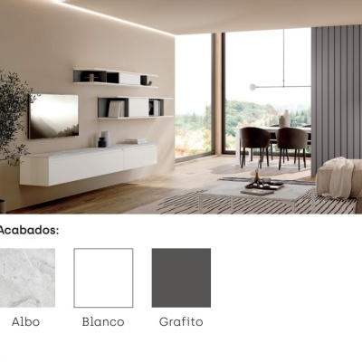 Sala de estar moderna com mobiliário branco suspenso, mesa de jantar castanha e grandes janelas