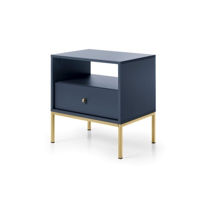 Mesa de cabeceira azul escura com gaveta e pernas douradas