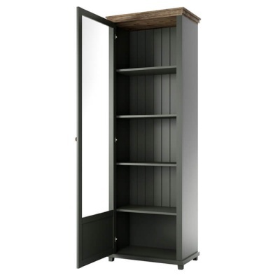 Móvel alto cinzento com porta de vidro e prateleiras internas