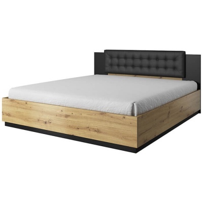 Cama moderna com estrutura em madeira clara e cabeceira preta acolchoada