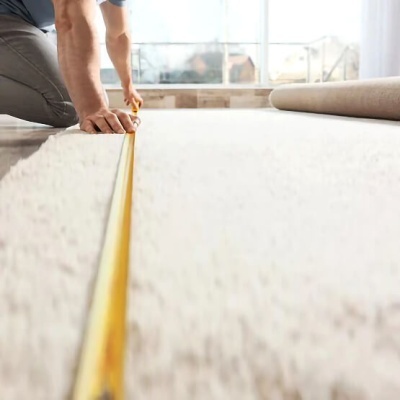 Pessoa medindo tapete claro com fita métrica amarela em divisão interior