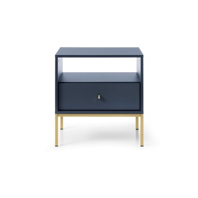 Mesa de apoio azul escuro com gaveta e pernas douradas
