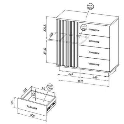 Desenho técnico de cómoda branca com quatro gavetas e portas com medidas.