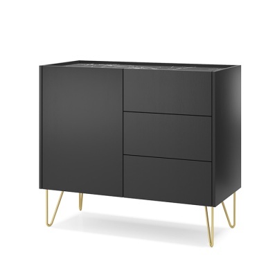 Cômoda preta com porta e gavetas, pés dourados finos metal