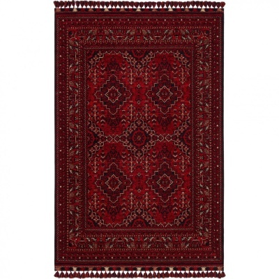 Tapete persa vermelho com padrão geométrico e floral e franjas