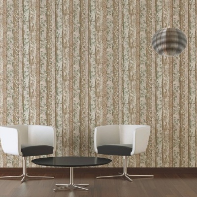 cadeiras modernas branco e preto, mesa preta redonda, papel de parede bege cinzento com padrão vertical e candeeiro cinzento