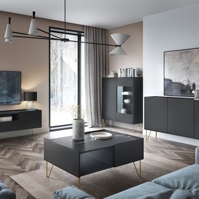 Sala de estar moderna com móveis pretos fosco em ambiente luminoso