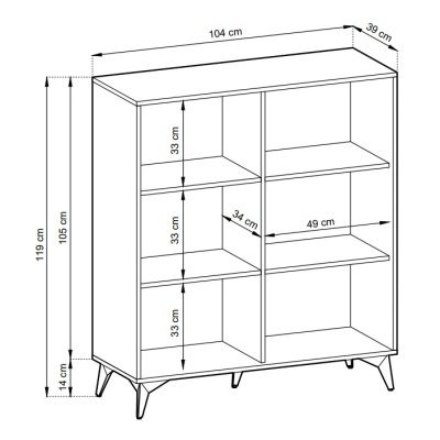 Estante em madeira com prateleiras e dimensões em centímetros