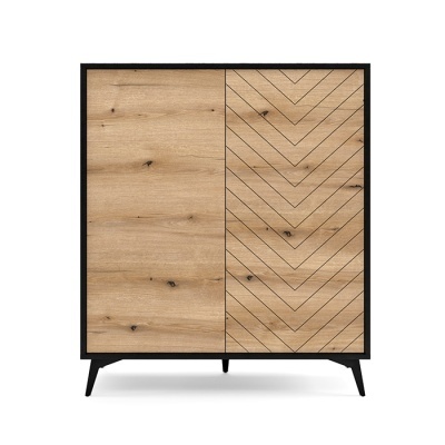 Móvel em madeira clara com duas portas e estrutura preta