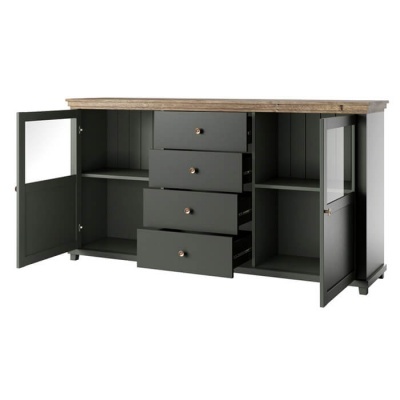 Aparador em madeira cinzenta com tampo castanho e portas com vidro